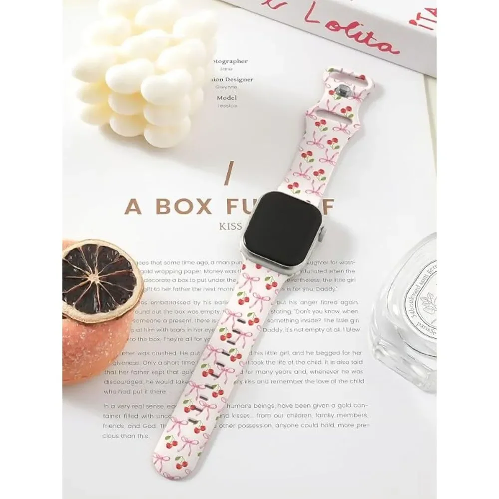 Cute Pink Bows and Cherries Soft Silicone Watch Band for Apple Watch 38mm-49mm